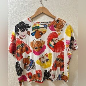 Zara White Tee with Multicolor Illustrated Faces
